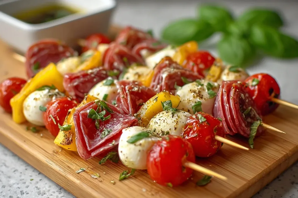 Colorful Italian antipasto skewers marinated with olives, cherry tomatoes, mozzarella, and basil