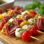 Colorful Italian antipasto skewers marinated with olives, cherry tomatoes, mozzarella, and basil