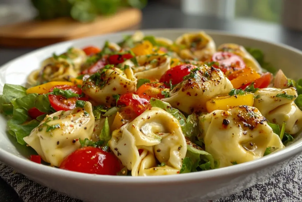 A vibrant bowl of Italian tortellini pasta salad with cherry tomatoes, olives, and fresh basil