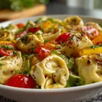 A vibrant bowl of Italian tortellini pasta salad with cherry tomatoes, olives, and fresh basil