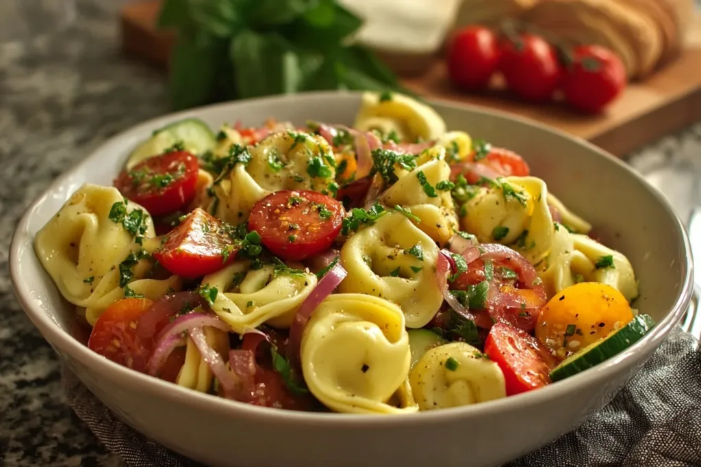 A vibrant bowl of Italian tortellini pasta salad with cherry tomatoes, fresh basil, and mozzarella balls