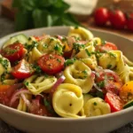 A vibrant bowl of Italian tortellini pasta salad with cherry tomatoes, fresh basil, and mozzarella balls