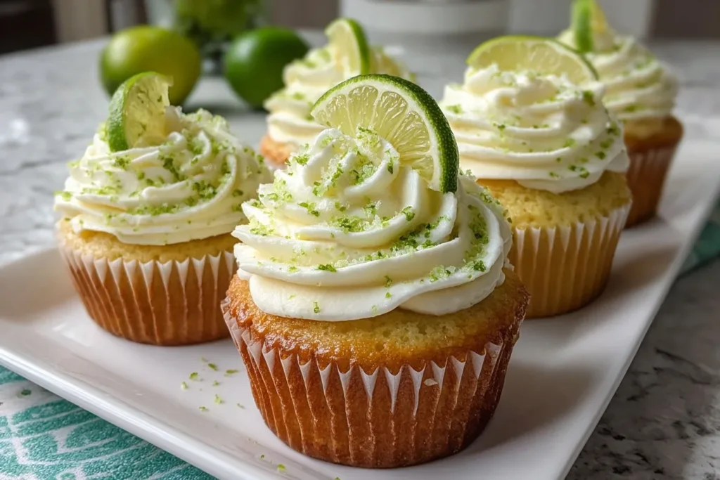 A plate of freshly baked key lime cupcakes topped with vibrant green lime frosting and garnished with lime wedges.