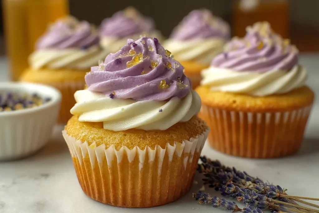 A beautifully decorated lavender honey cupcake topped with lavender sprigs and honey drizzle
