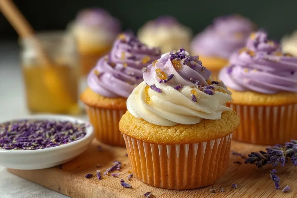 A beautifully frosted lavender honey cupcake topped with edible flowers and honey drizzle on a decorative plate.