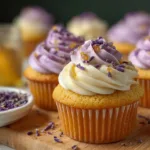 A beautifully frosted lavender honey cupcake topped with edible flowers and honey drizzle on a decorative plate.