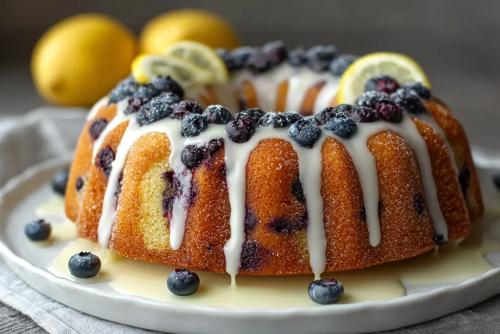 A beautifully glazed lemon blueberry bundt cake topped with fresh blueberries and lemon zest on a white plate.