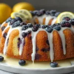 A beautifully glazed lemon blueberry bundt cake topped with fresh blueberries and lemon zest on a white plate.