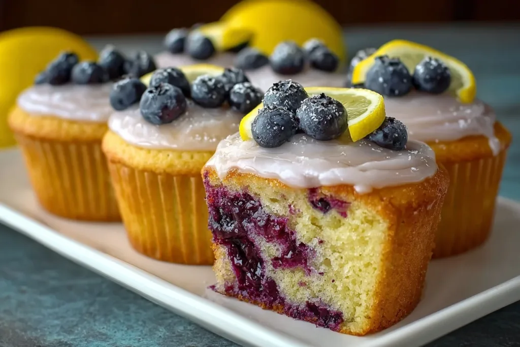 A beautifully frosted lemon blueberry cake topped with fresh blueberries and lemon slices on a white cake stand