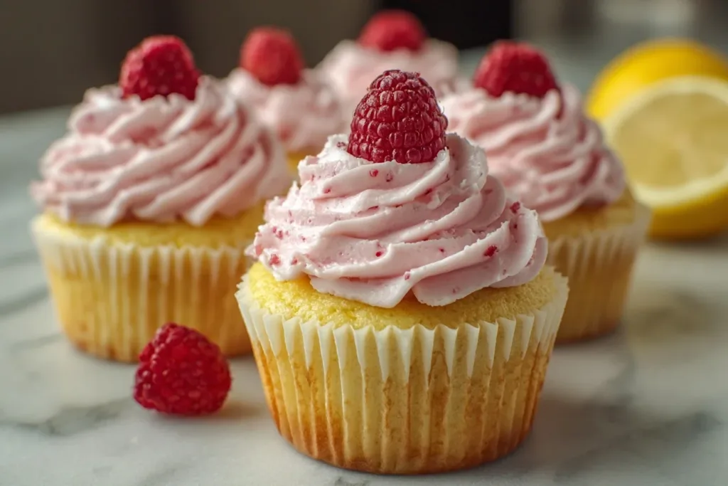 A beautifully decorated lemon cupcake topped with vibrant raspberry buttercream frosting and fresh raspberries.
