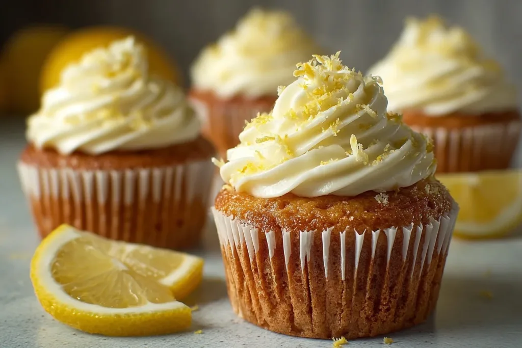 Four delicious lemon elderflower cupcakes topped with floral frosting and edible flowers