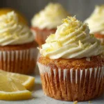 Four delicious lemon elderflower cupcakes topped with floral frosting and edible flowers