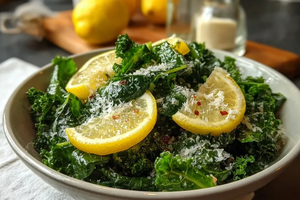 A vibrant lemon parm kale salad topped with grated Parmesan cheese and lemon slices on a white plate