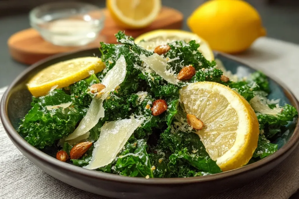 A vibrant lemon parm kale salad topped with grated parmesan cheese and lemon slices on a wooden table