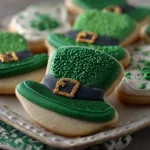 Colorful leprechaun hat cookies decorated with green frosting and candy accents