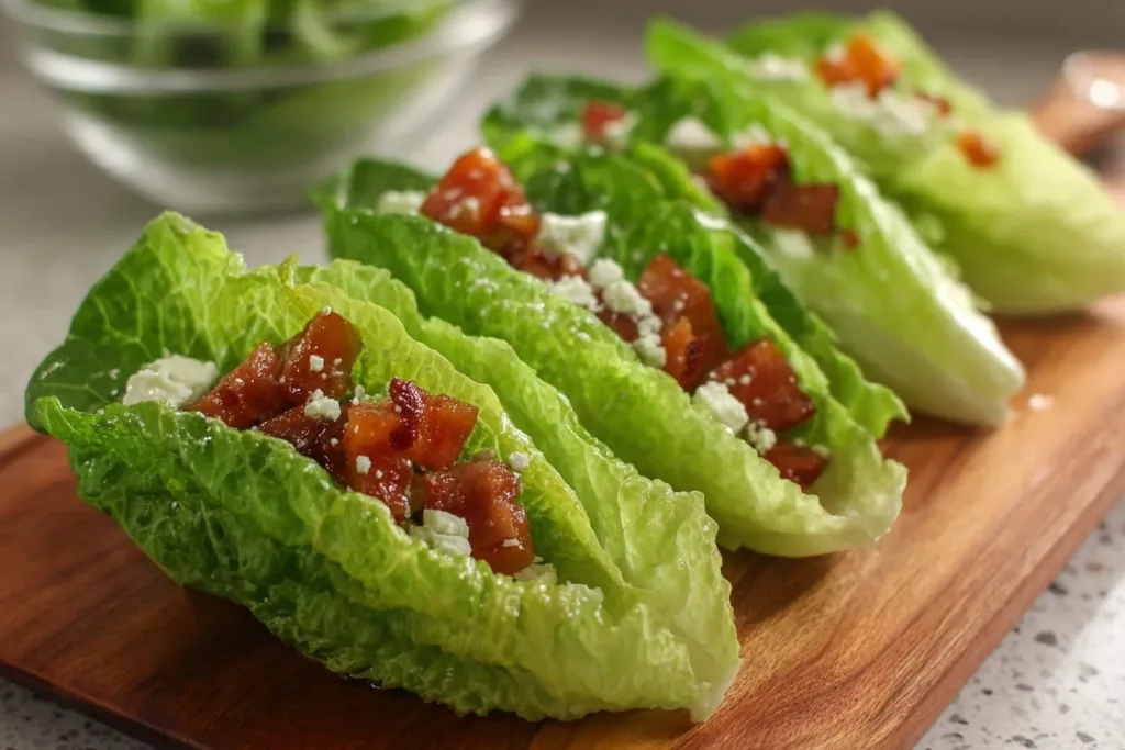 A vibrant platter of lettuce wedge bites topped with various colorful toppings like cherry tomatoes, bacon bits, and blue cheese dressing.