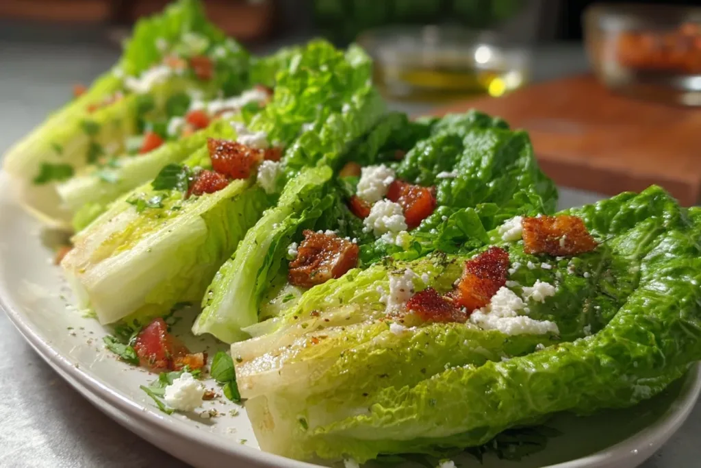 A platter of colorful lettuce wedge bites topped with various dressings and garnishes