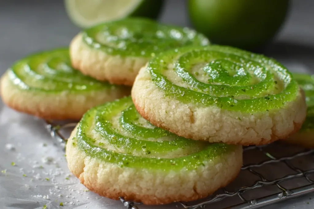 A plate of vibrant lime jello sugar cookies decorated with green sprinkles and lime slices