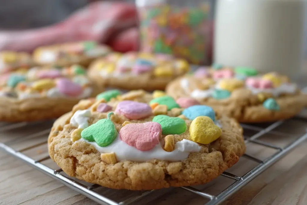 A plate of colorful Lucky Charms cookies topped with marshmallows and sprinkles