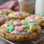A plate of colorful Lucky Charms cookies topped with marshmallows and sprinkles