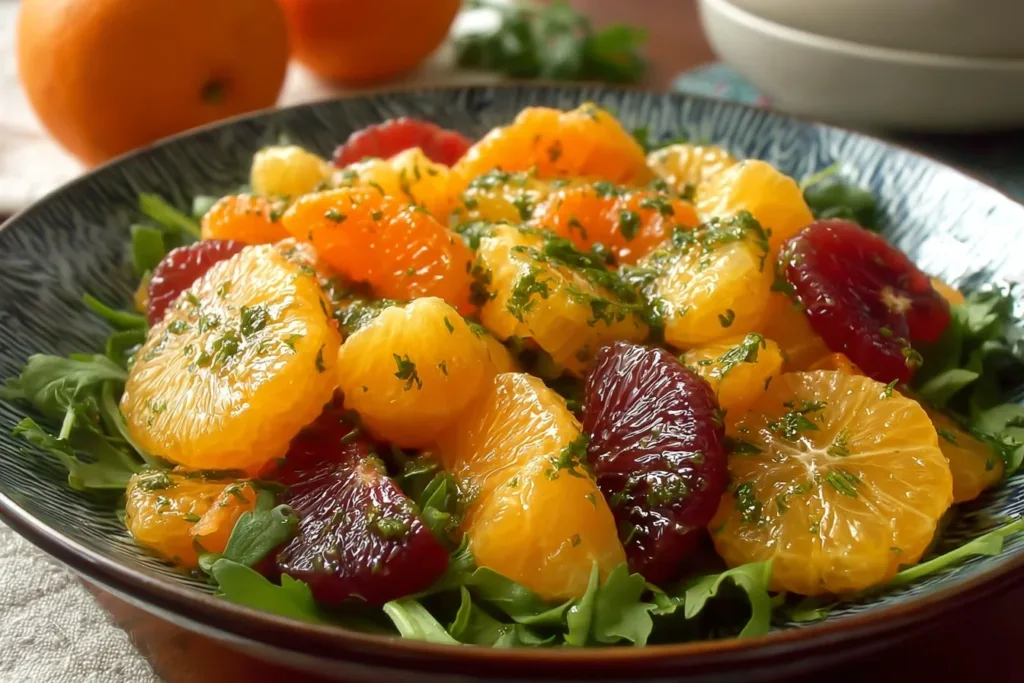 A vibrant mandarin orange salad with olives, mixed greens, and colorful vegetables in a bowl