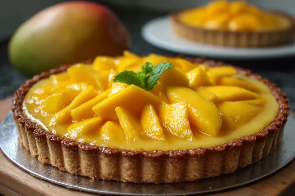 A beautifully arranged mango curd tart topped with fresh mango slices and mint leaves