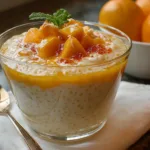 A vibrant bowl of mango sago dessert topped with fresh mango cubes and mint leaves