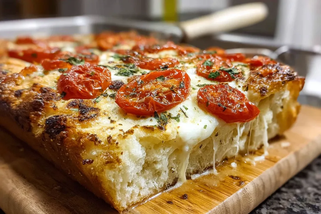 Golden-brown margherita focaccia bread topped with fresh basil, tomatoes, and mozzarella cheese