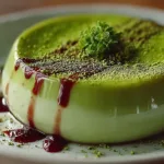 A beautifully plated matcha panna cotta topped with fresh berries and mint leaves