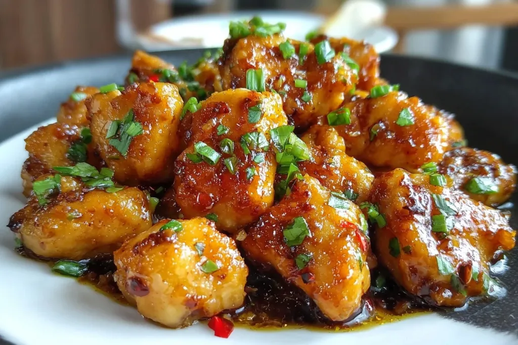 A beautifully plated dish of orange peel chicken garnished with fresh herbs and orange slices.