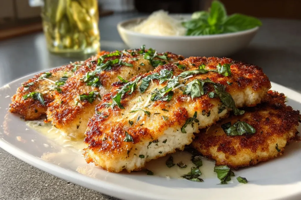 Crispy parmesan basil chicken cutlets garnished with fresh basil leaves on a white plate