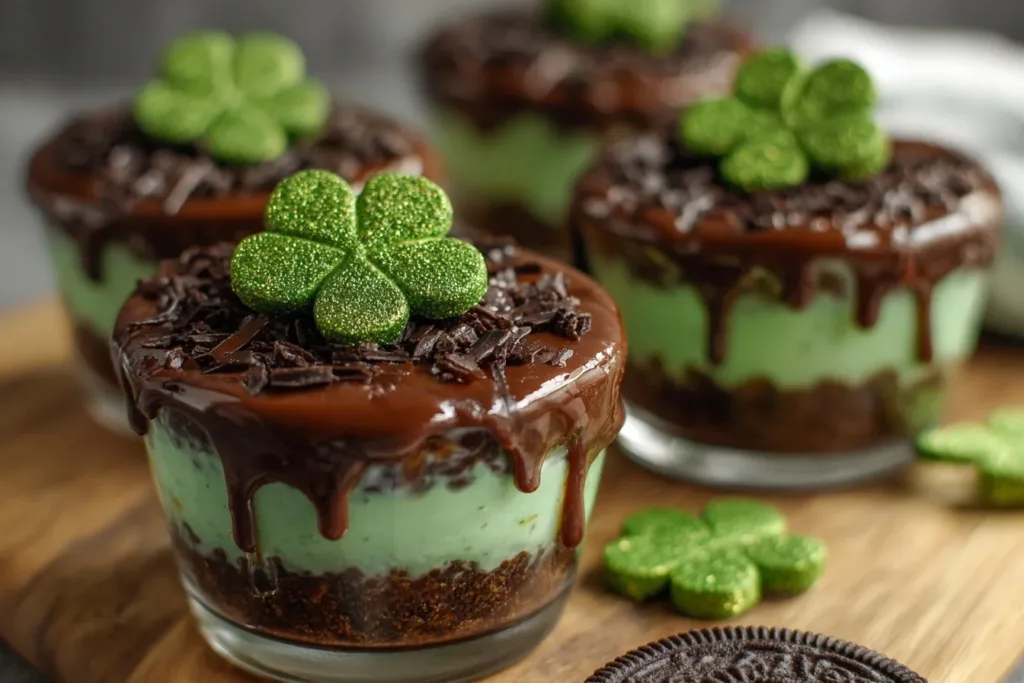 Colorful St. Patrick's Day pudding cups topped with whipped cream and sprinkles