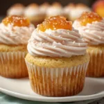 Delicious peach bellini cupcakes topped with peach slices and sparkling frosting on a decorative plate
