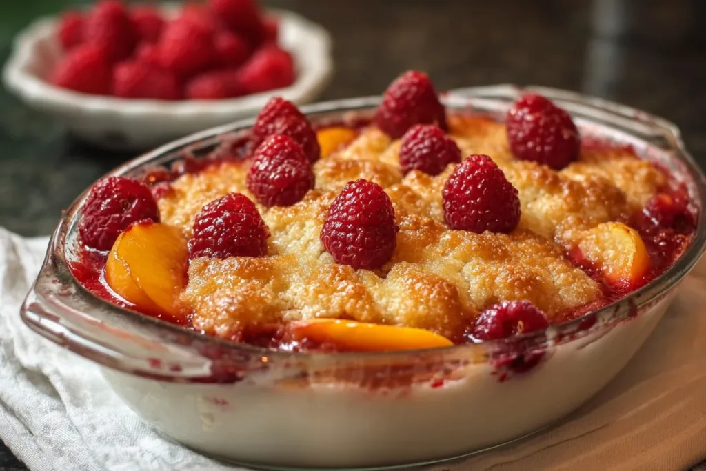 A golden-brown peach raspberry cobbler topped with a scoop of vanilla ice cream