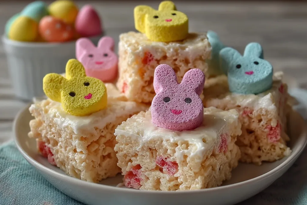 Colorful Peeps Rice Krispie Treats shaped like bunnies and chicks on a white plate