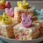 Colorful Peeps Rice Krispie Treats shaped like bunnies and chicks on a white plate