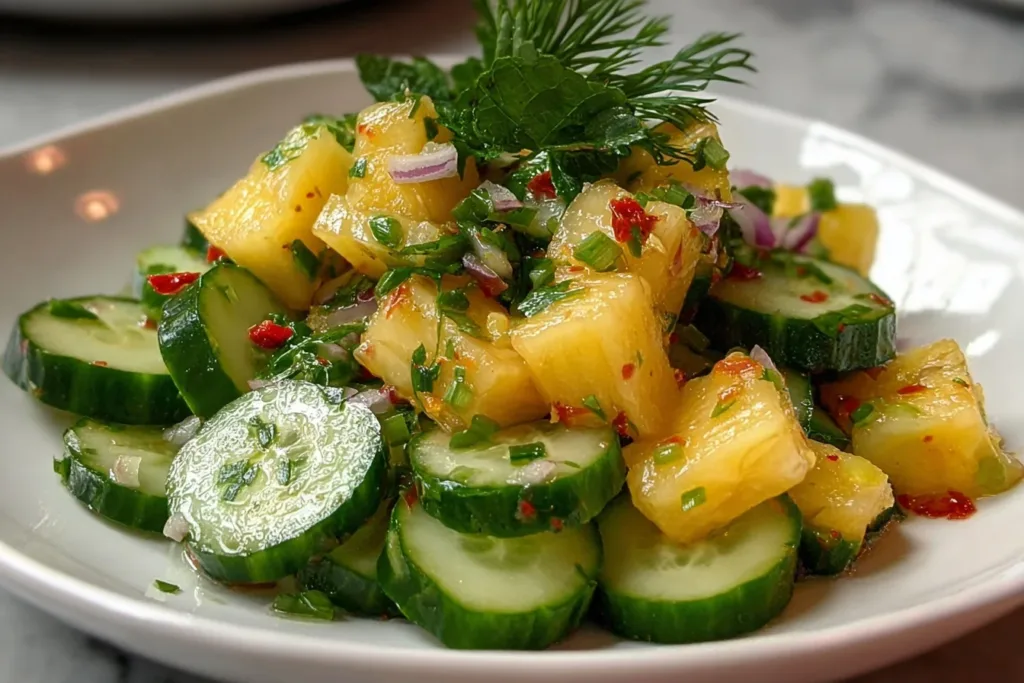 A vibrant pineapple cucumber salad with fresh herbs, served in a white bowl on a wooden table.