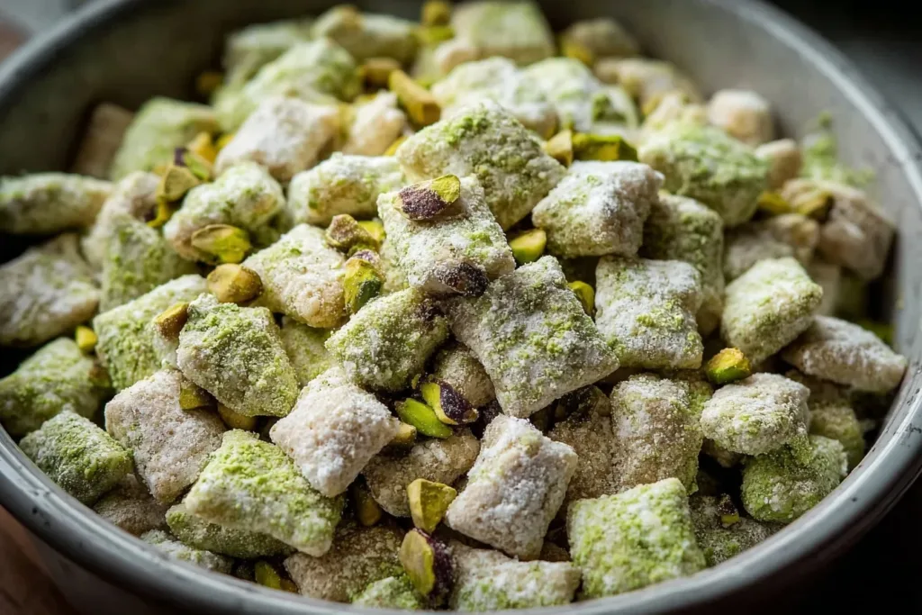 A bowl of green pistachio puppy chow coated in powdered sugar, surrounded by scattered candy and nuts.