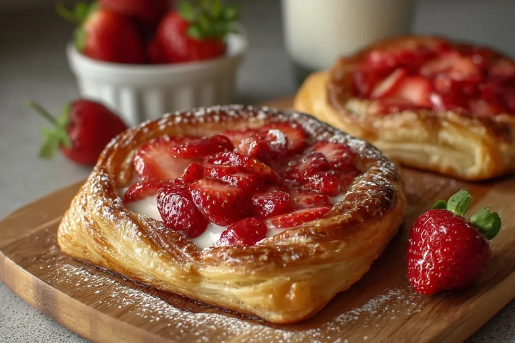 Freshly baked strawberry danish pastry topped with icing and strawberries