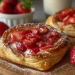 Freshly baked strawberry danish pastry topped with icing and strawberries