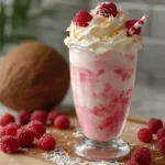 A vibrant raspberry colada twist cocktail garnished with fresh raspberries and a slice of pineapple, served in a tall glass