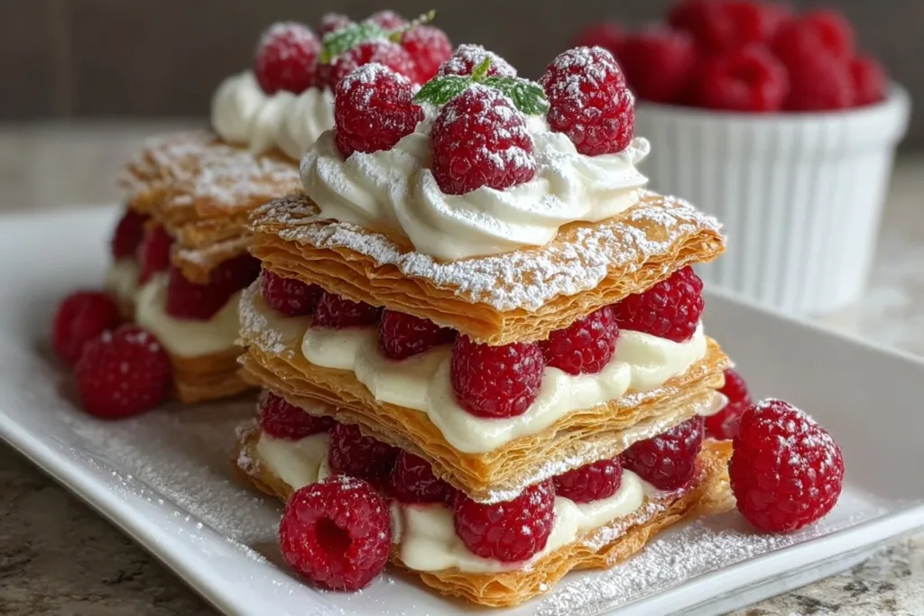 Three raspberry cream napoleons stacked on a white plate, garnished with fresh raspberries and mint leaves