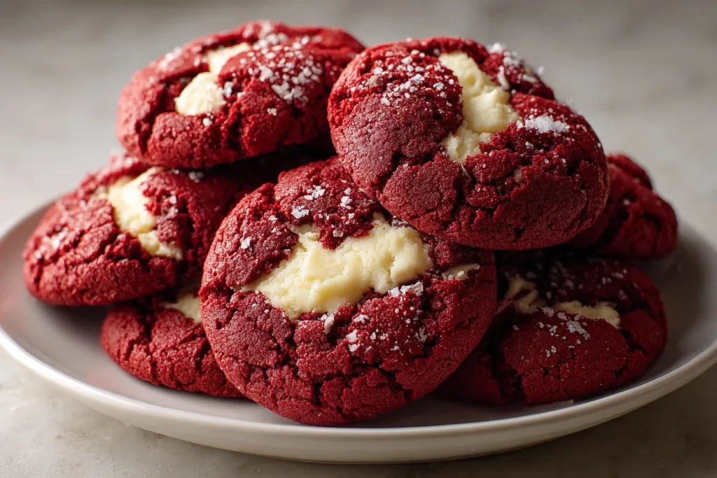 A stack of red velvet cheesecake cookies with cream cheese filling, garnished with red sprinkles