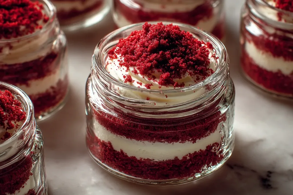 A delicious red velvet jar cake layered with cream cheese frosting in a glass jar