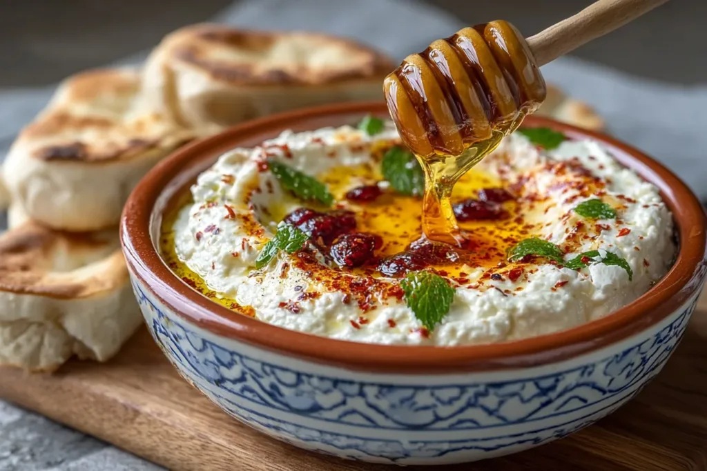 A creamy ricotta dip drizzled with hot honey, garnished with fresh herbs and served with crispy bread.