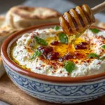 A creamy ricotta dip drizzled with hot honey, garnished with fresh herbs and served with crispy bread.