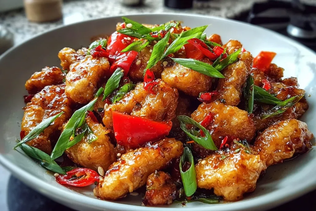 A plate of salt chilli chicken garnished with green onions and red chilies