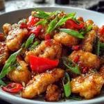 A plate of salt chilli chicken garnished with green onions and red chilies