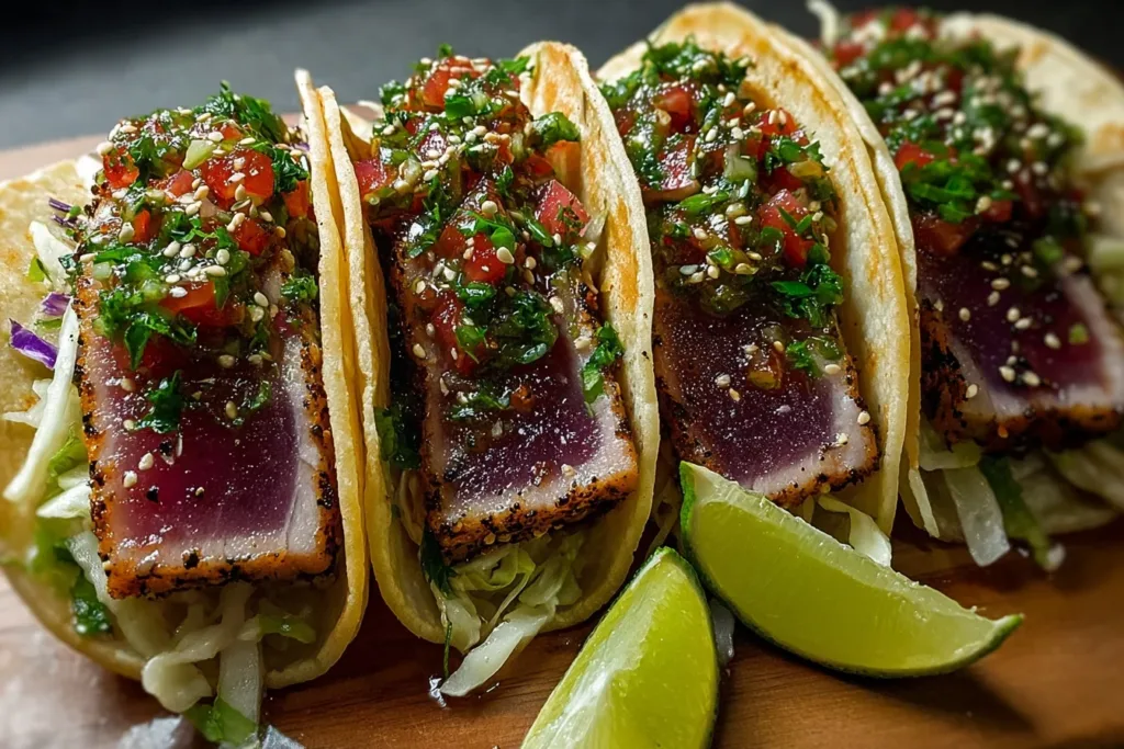 A plate of seared ahi tuna tacos topped with fresh avocado and cilantro