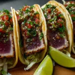 A plate of seared ahi tuna tacos topped with fresh avocado and cilantro